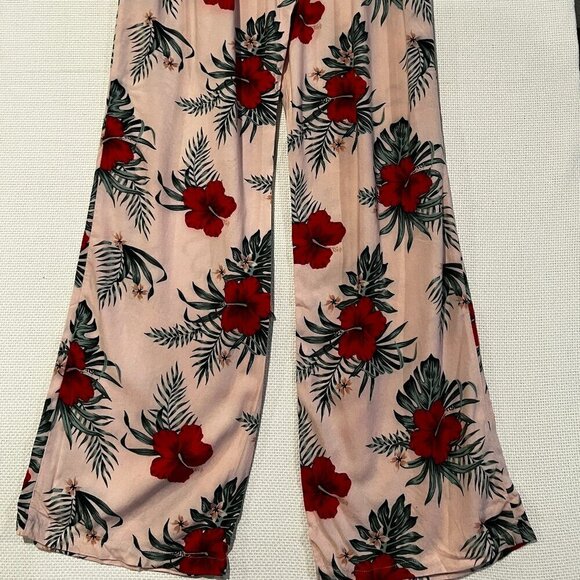 Guess High Waisted Wide Leg Belted Palazzo Pants Pink Floral Print Size Large - Picture 2 of 13